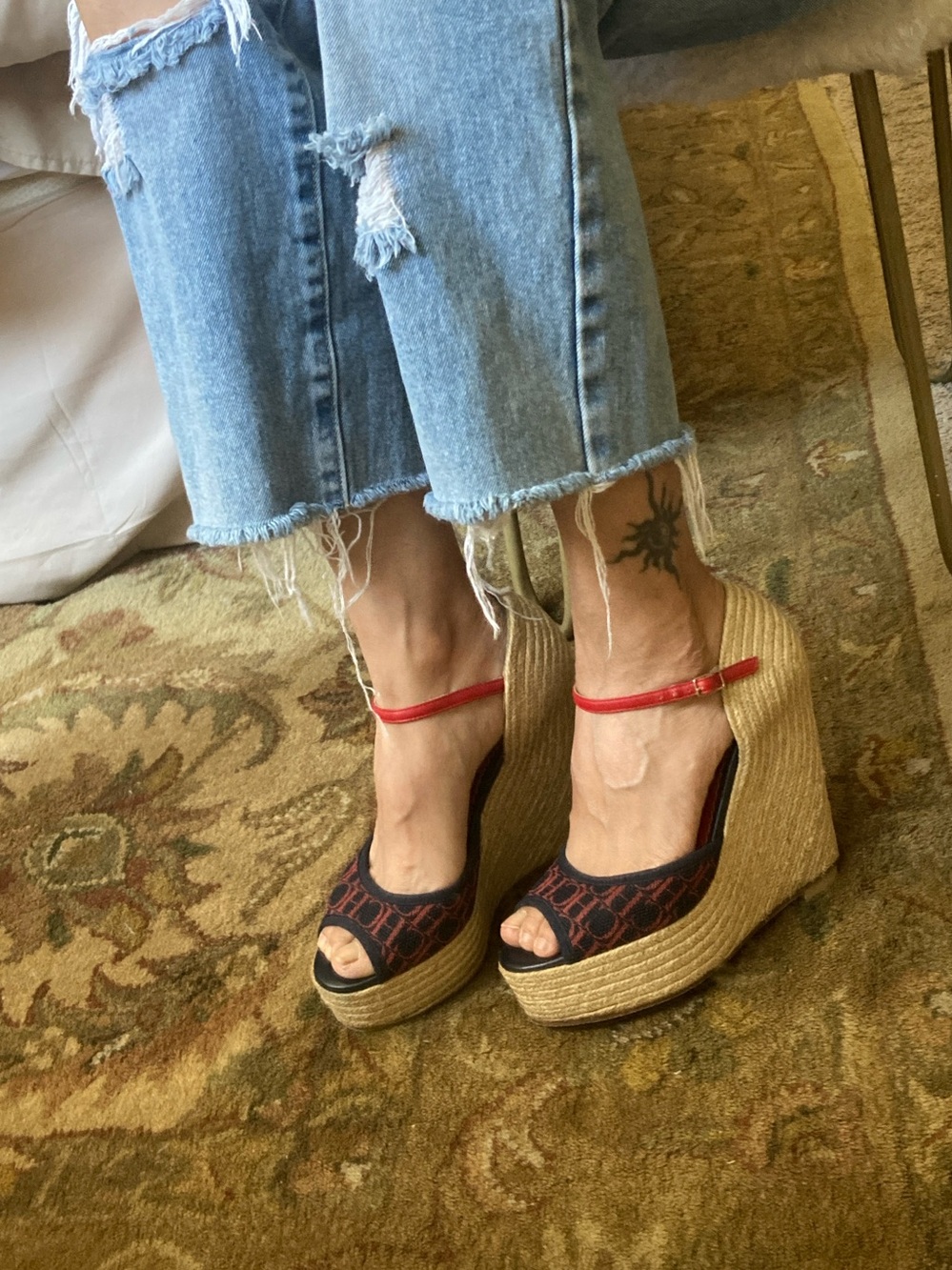 CAROLINA HERRERA Espadrilles Red/Navy Blue Monogram/with Red Leather Ankle Strap